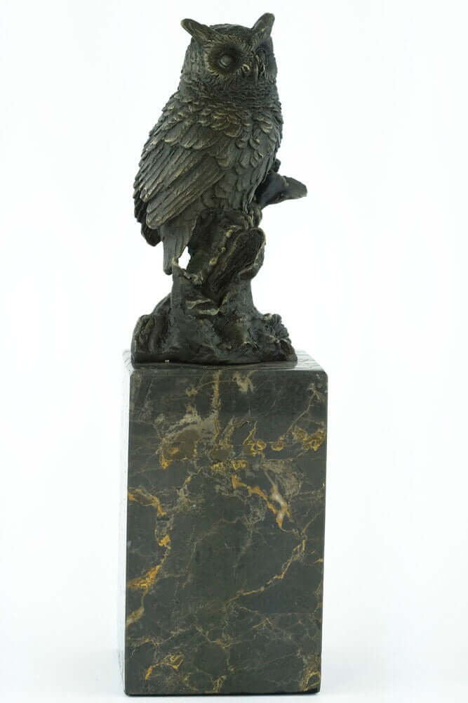 Bronze owl sculpture on flamed marble base, detailed craftsmanship, 27 cm tall, collectible animal art piece.