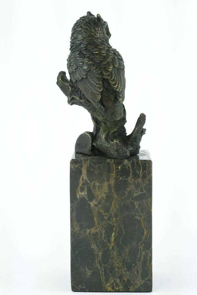 Bronze owl sculpture by Milo on flamed marble base, showcasing detailed craftsmanship, height 27 cm.