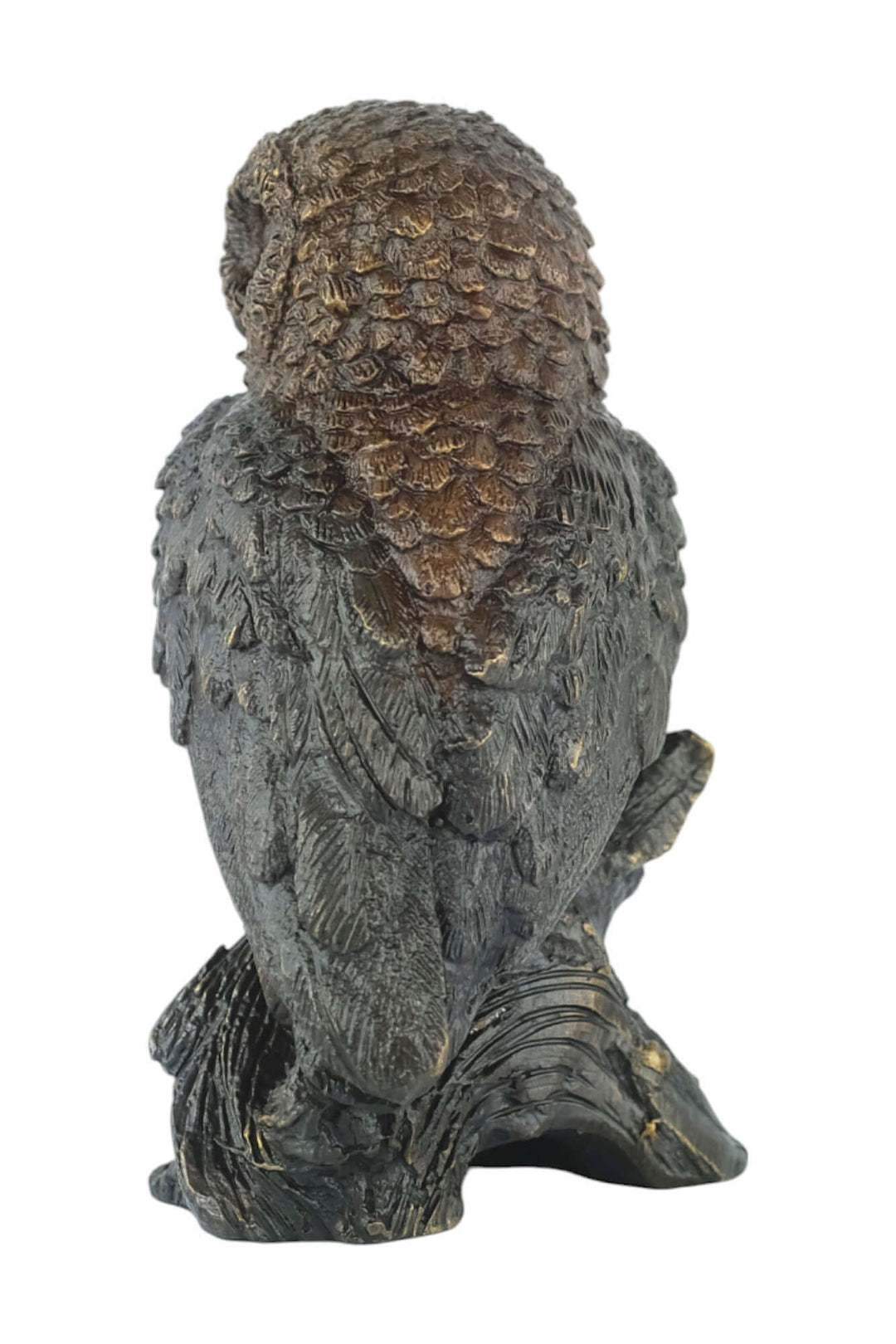 Bronze sculpture of a small owl perched on a tree trunk, showcasing fine details and a brown patina finish.