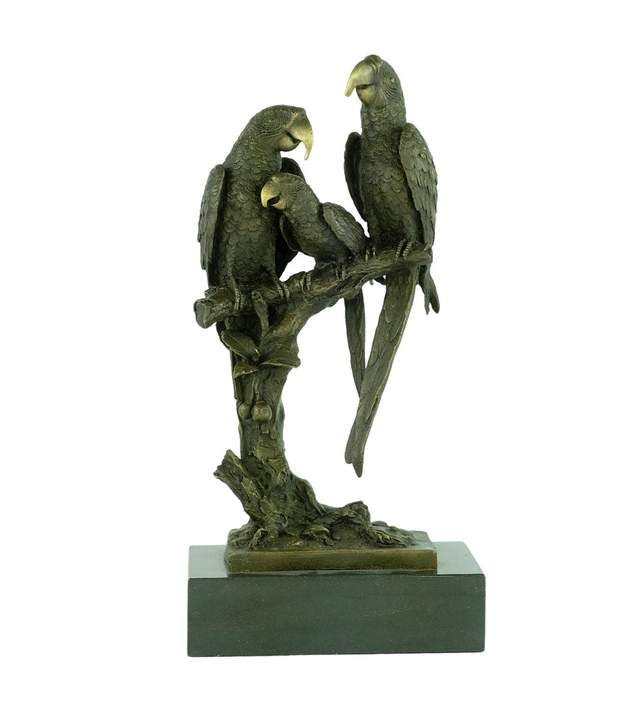 Bronze sculpture of three detailed parrots on a branch, beautifully crafted, mounted on a marble base.