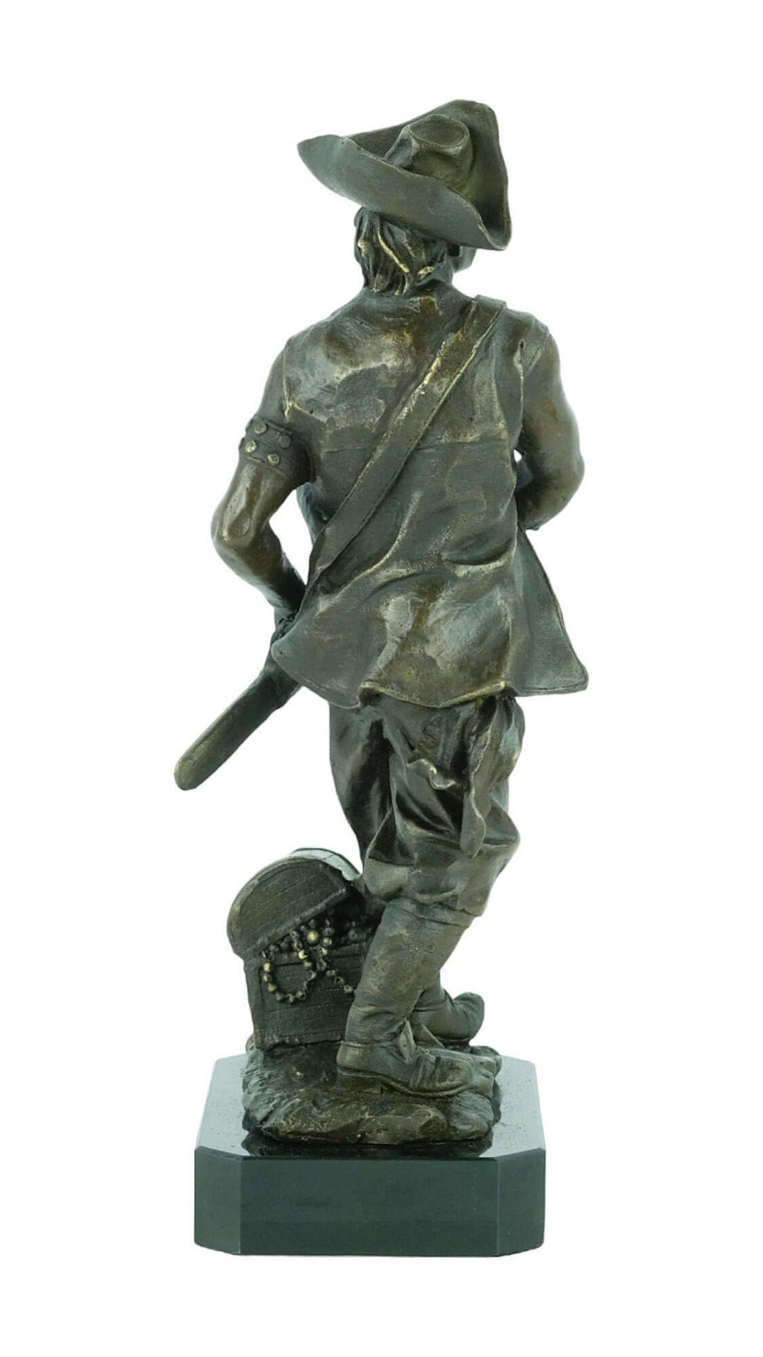 Back view of a detailed bronze pirate sculpture with a sword and treasure chest on a marble base.