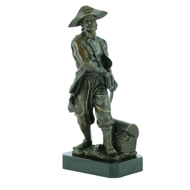 Detailed bronze pirate sculpture with sword and treasure chest on a marble base, 32 x 15 cm, by Nick.