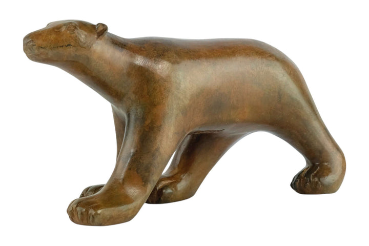 Bronze polar bear sculpture by Pierre Chenet, 17x34 cm, features unique patina and foundry crown stamp.