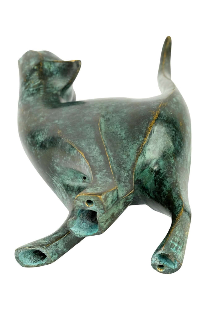 Bronze sculpture of a playful cat with lifted tail, showcasing green patina, ideal for cat lovers' decor.