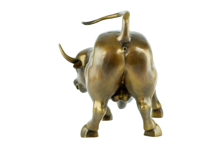 Bronze sculpture of the Wall Street bull from the rear, showcasing its robust design and quality craftsmanship.
