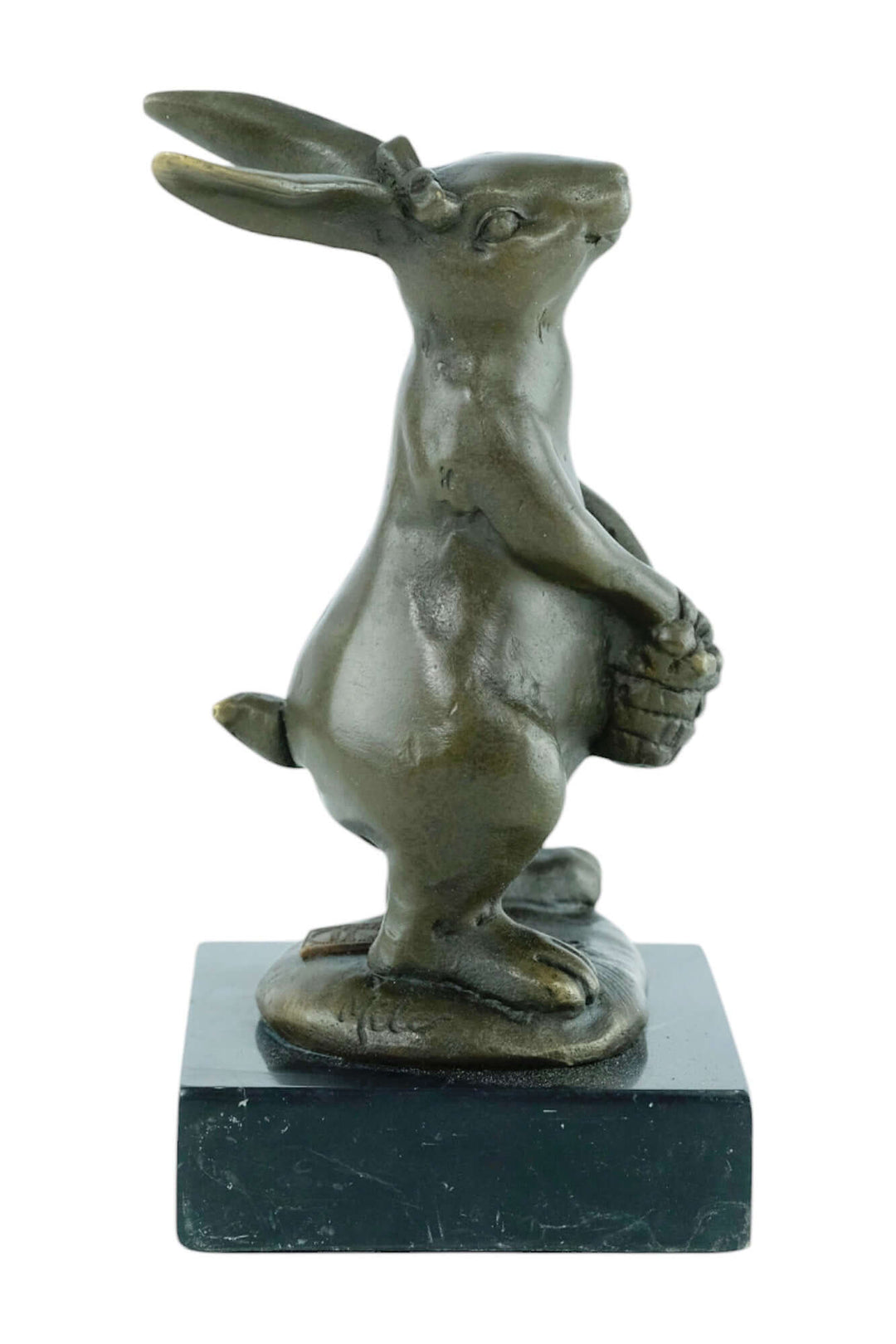 Bronze sculpture of a bunny holding a flower basket, mounted on marble base, signed 'Milo', 14 x 8 cm.