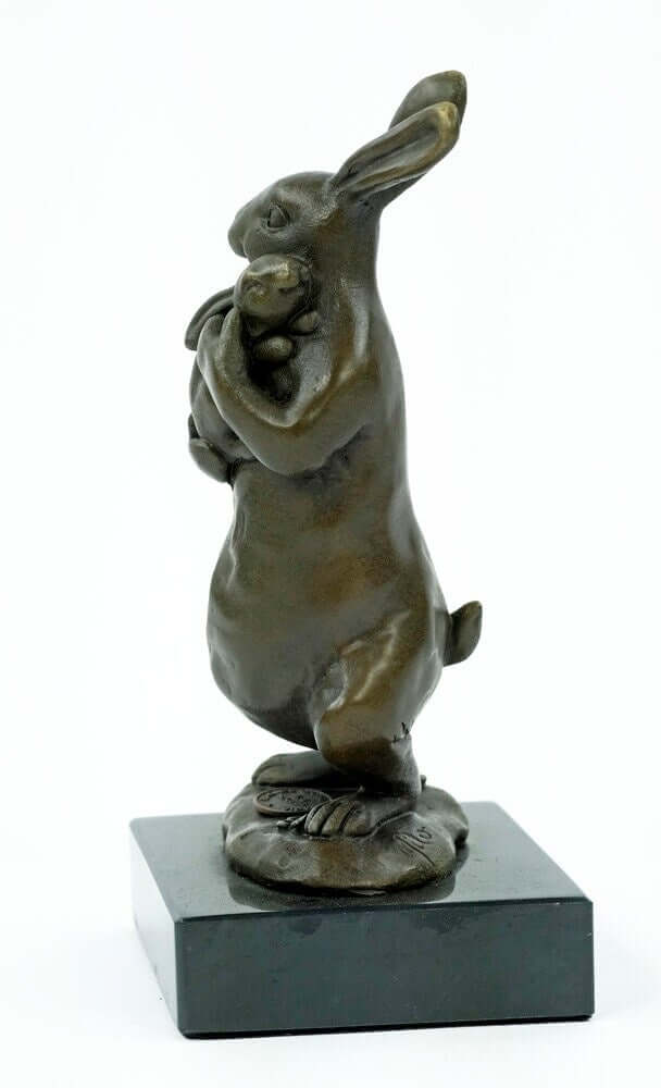 Bronze bunny statue holding a young hare, exquisite animal art sculpture on marble base, 17 cm tall.