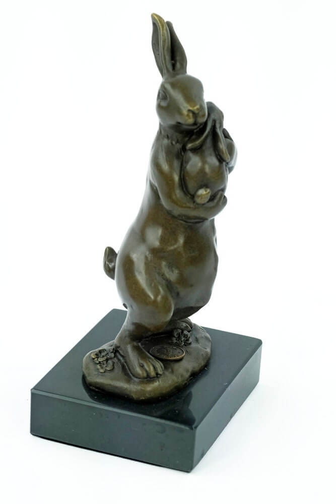 Bronze bunny statue holding a young on marble base, signed by Milo, decorative animal art for bunny lovers.