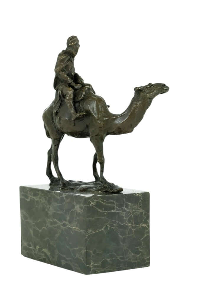 Bronze sculpture of a camel with Bedouin rider, signed 'L. Carvin', mounted on a flamed marble base.