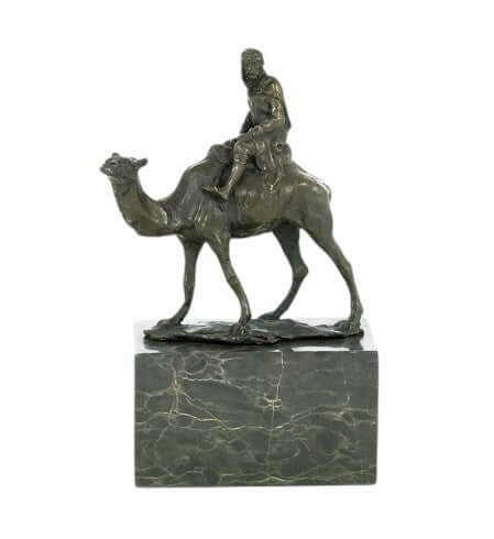 Bronze sculpture of a camel with Bedouin rider, signed by L. Carvin, on flamed marble base, 22x14 cm.