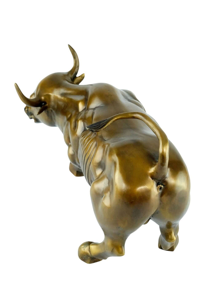 Bronze Bull of Wall Street sculpture from behind, showcasing muscular detail and craftsmanship, 42 cm high.