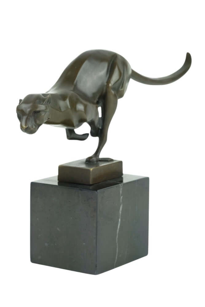 Bronze sculpture of a cheetah running on a marble base, detailed and sleek design, perfect for home decor.