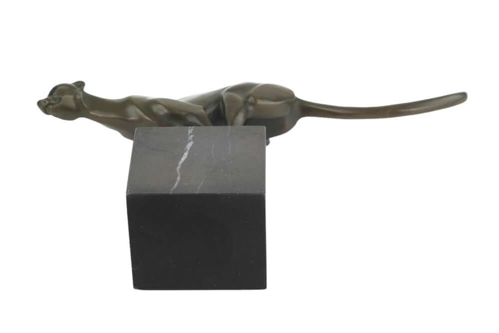 Bronze cheetah sculpture running on square marble base, showcasing sleek design and dynamic motion.