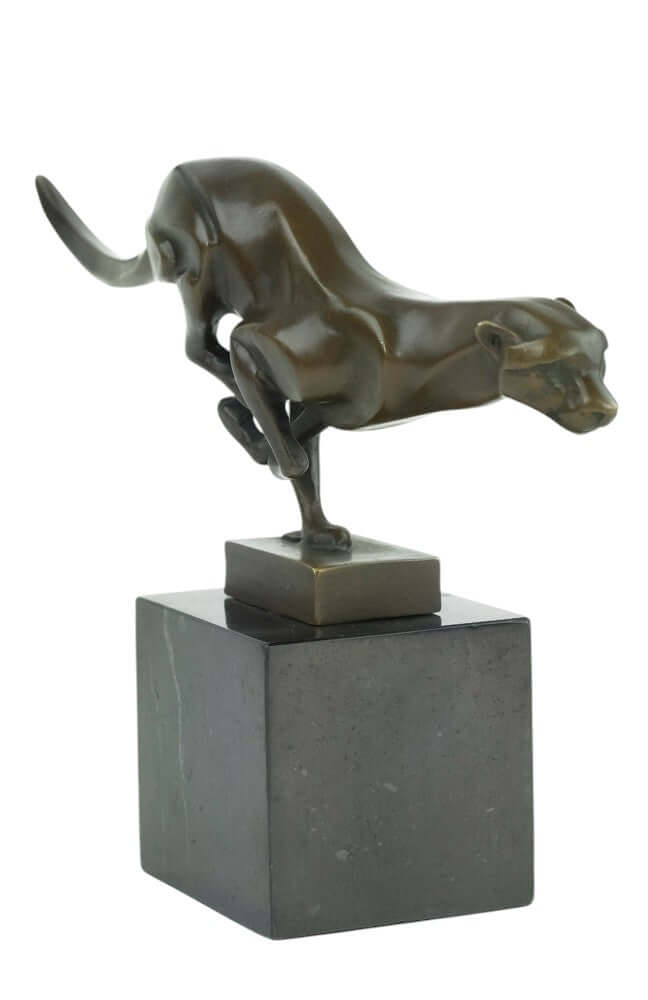 Bronze sculpture of a cheetah in motion, elegantly mounted on a square marble base, perfect for home decor.
