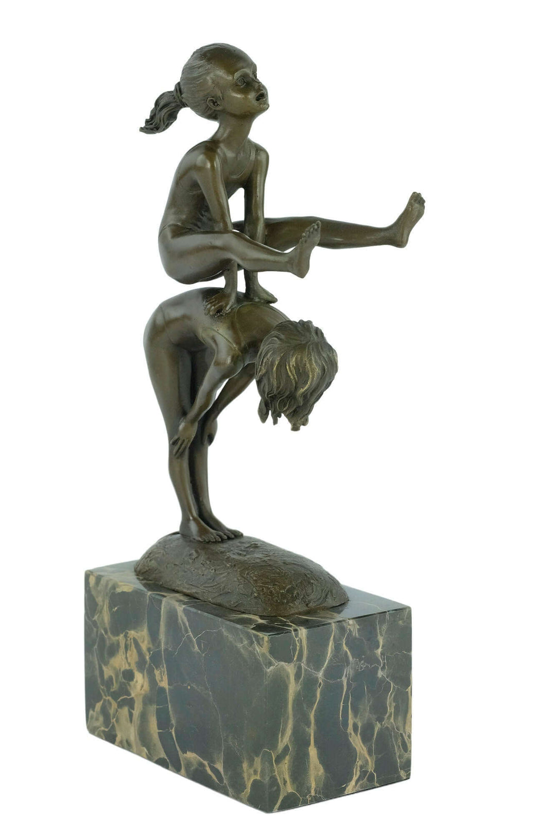 Bronze sculpture of children playing leapfrog on flamed marble base, signed 'Milo', 28 cm tall, decorative art piece.