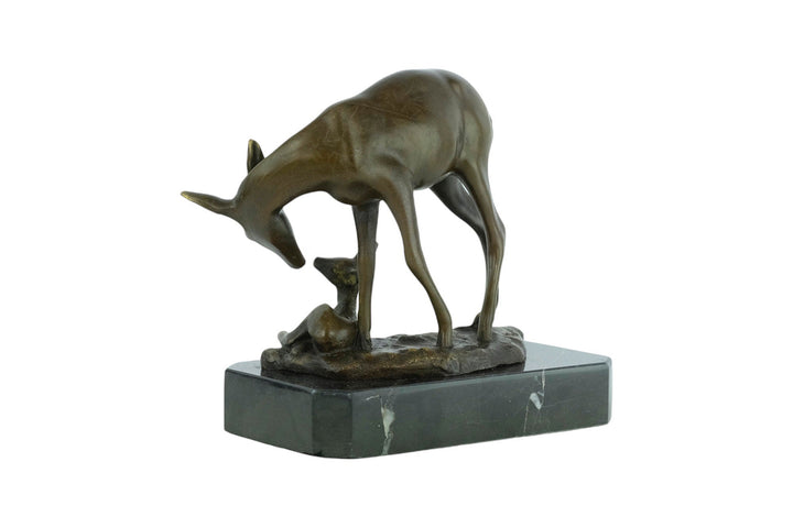 Bronze sculpture of a doe and her fawn, detailed wildlife art on a marble base, by Antoine-Louis Barye.
