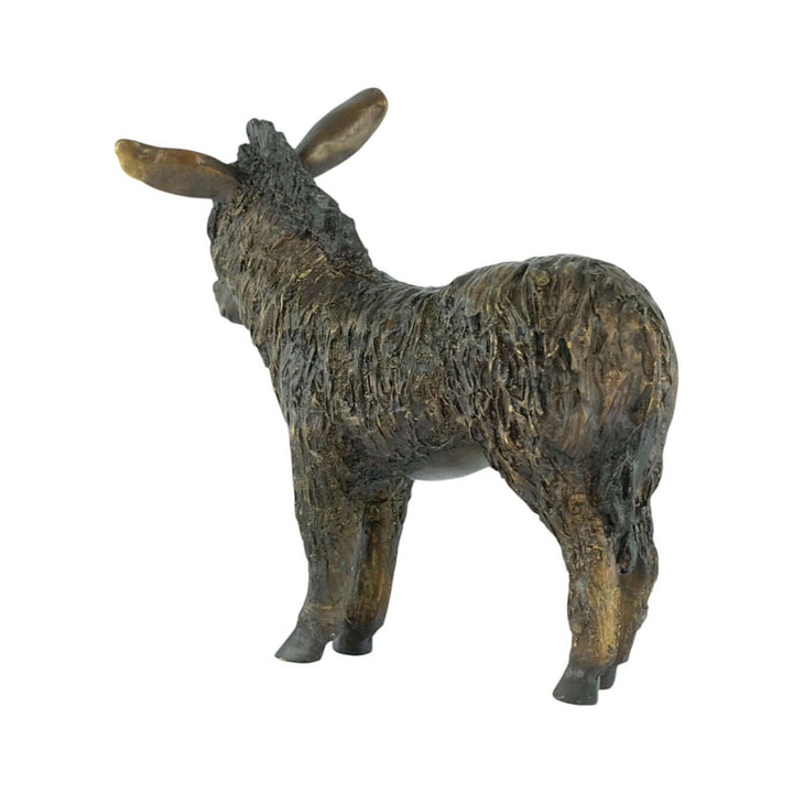 Bronze sculpture of a standing donkey with coat hair covering its eyes, ideal for garden or home decor.