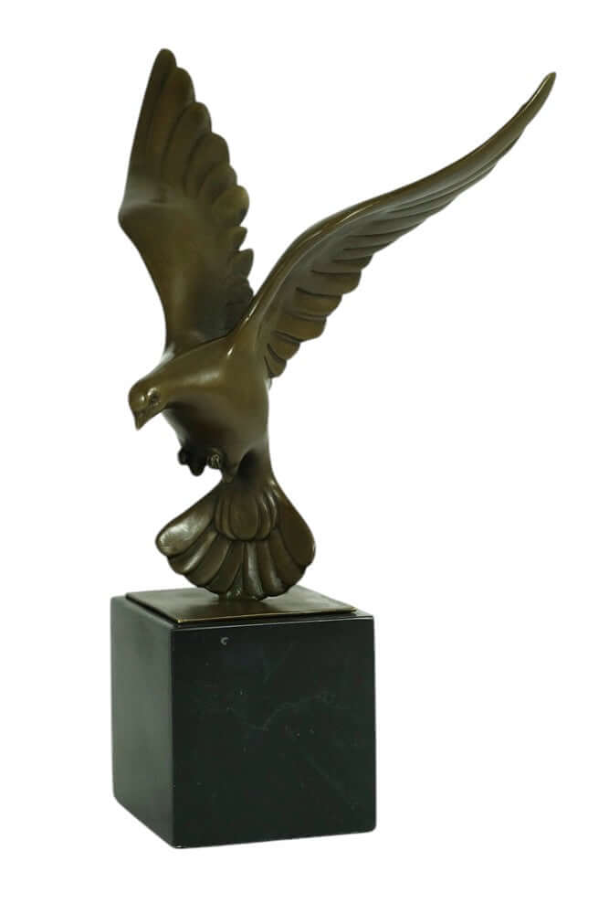 Bronze sculpture of a pigeon descending with wings spread, mounted on a marble base, inspired by Johan Coenraad Altorf.