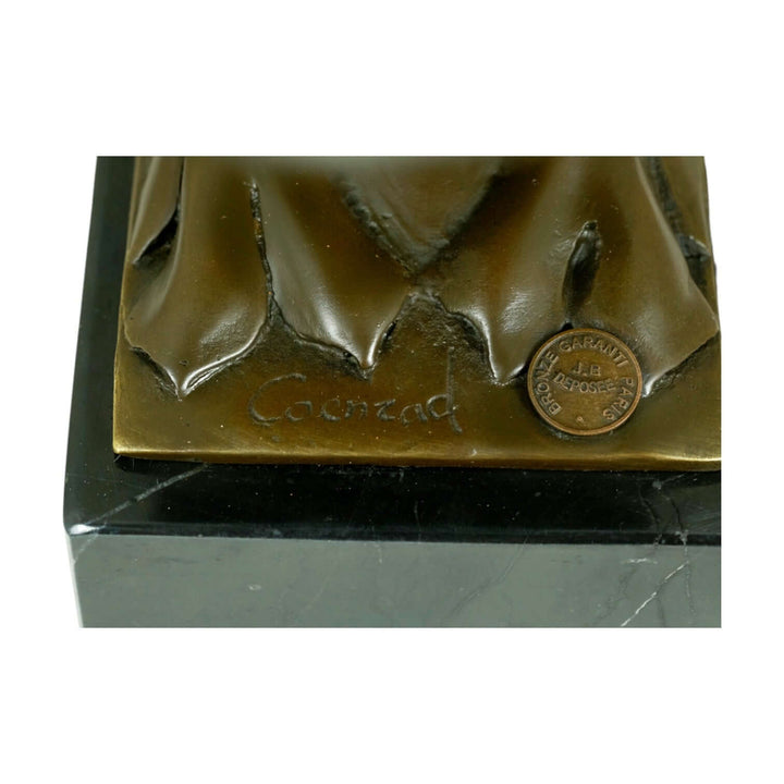 Close-up of the bronze sculpture's signature and foundry stamp on the marble base, showcasing Art Deco craftsmanship.