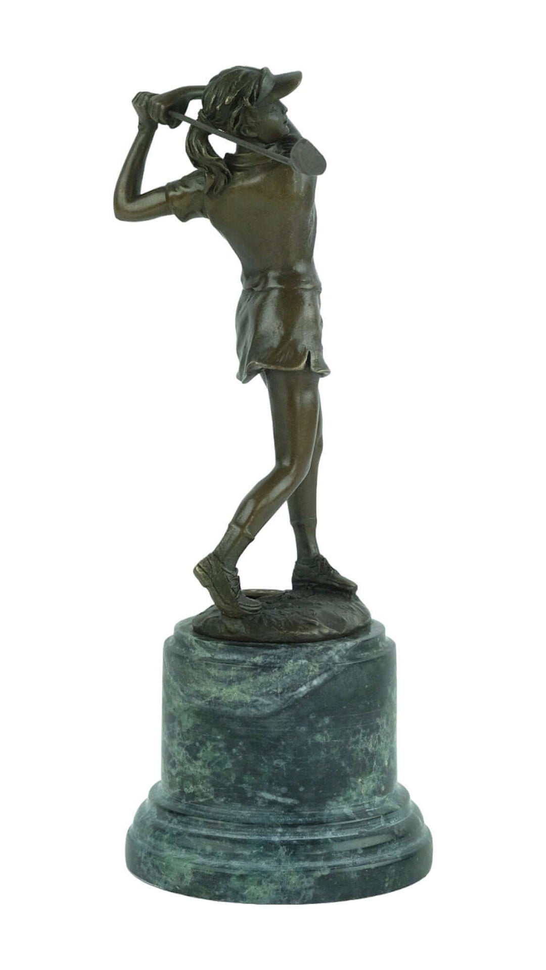 Bronze sculpture of a female golfer in full swing, mounted on green veined marble base, 28 cm tall.