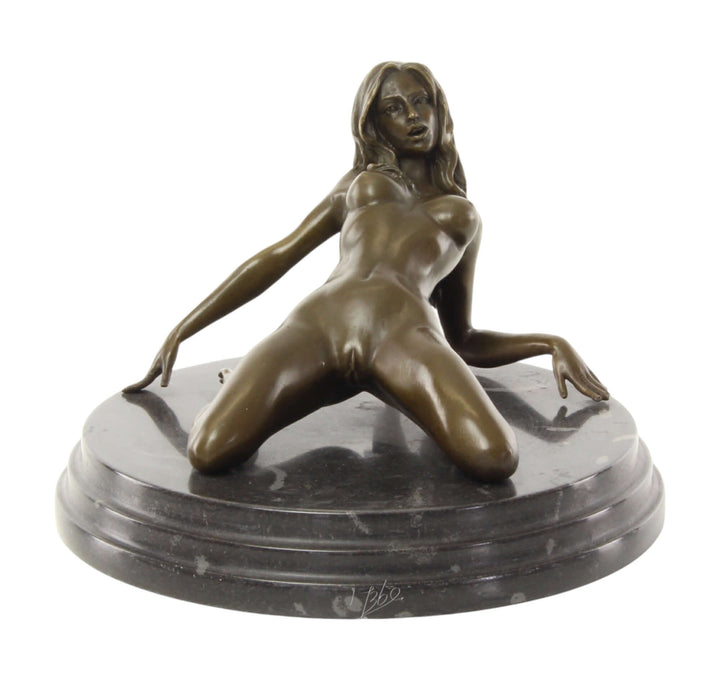Bronze sculpture of a female nude, elegantly arched backwards on a marble base, 14x20 cm, detailed artistry.