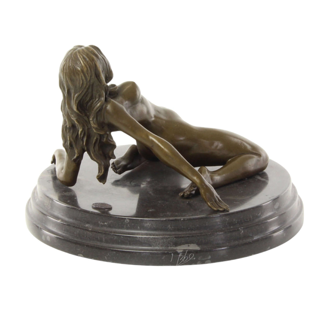 Bronze sculpture of a female nude gracefully leaning back on a round marble base, 14x20 cm, fine detail.