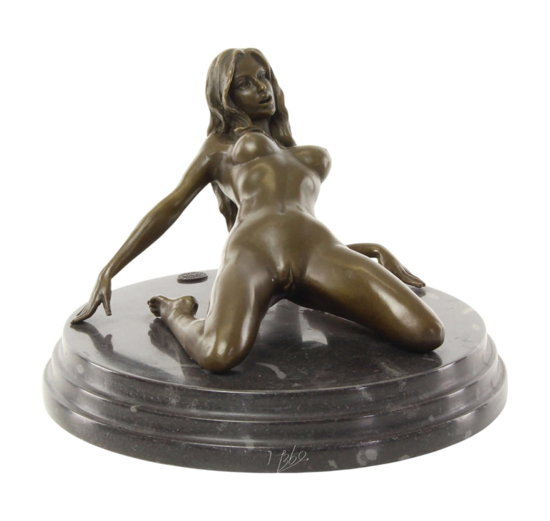 Bronze sculpture of female nude leaning backwards on marble base, 14x20 cm, detailed and enticing artwork.