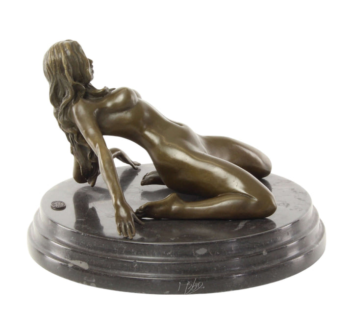 Bronze sculpture of a female nude leaning back on a marble base, measuring 14x20 cm, detailed and artistic.