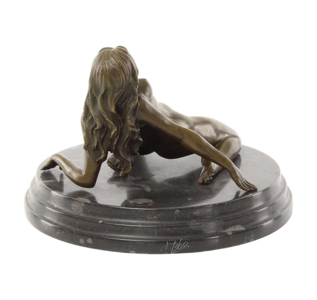 Bronze sculpture of a nude female figure leaning backwards, mounted on a round marble base, 14 x 20 cm.
