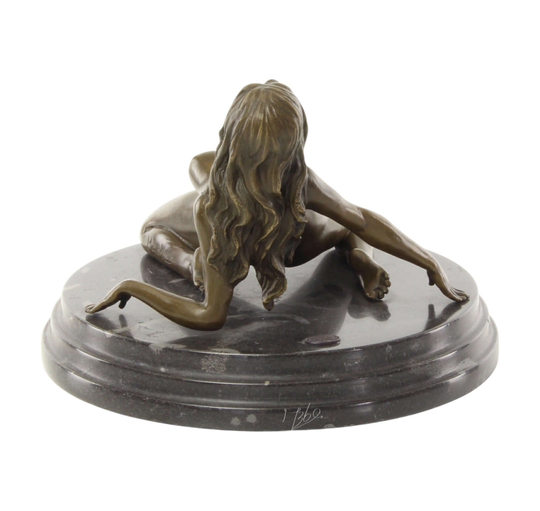 Bronze sculpture of a flexible female nude leaning backwards on a round marble base, 14 x 20 cm.