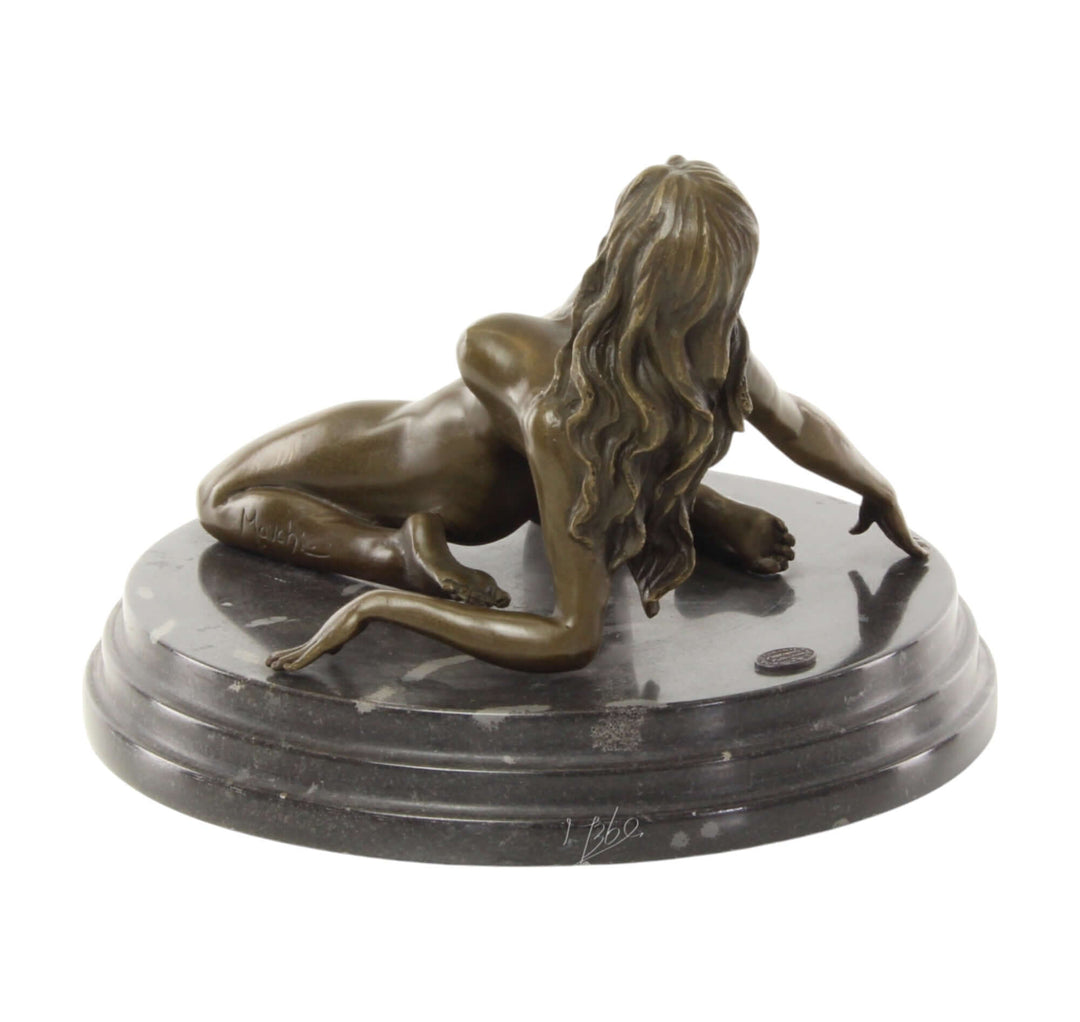 Bronze sculpture of female nude leaning back, elegantly displayed on marble base, 14 x 20 cm.