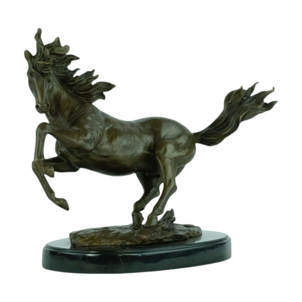 Bronze sculpture of a galloping horse on a marble base, detailed design, signed 'Milo', 31 x 38 cm.