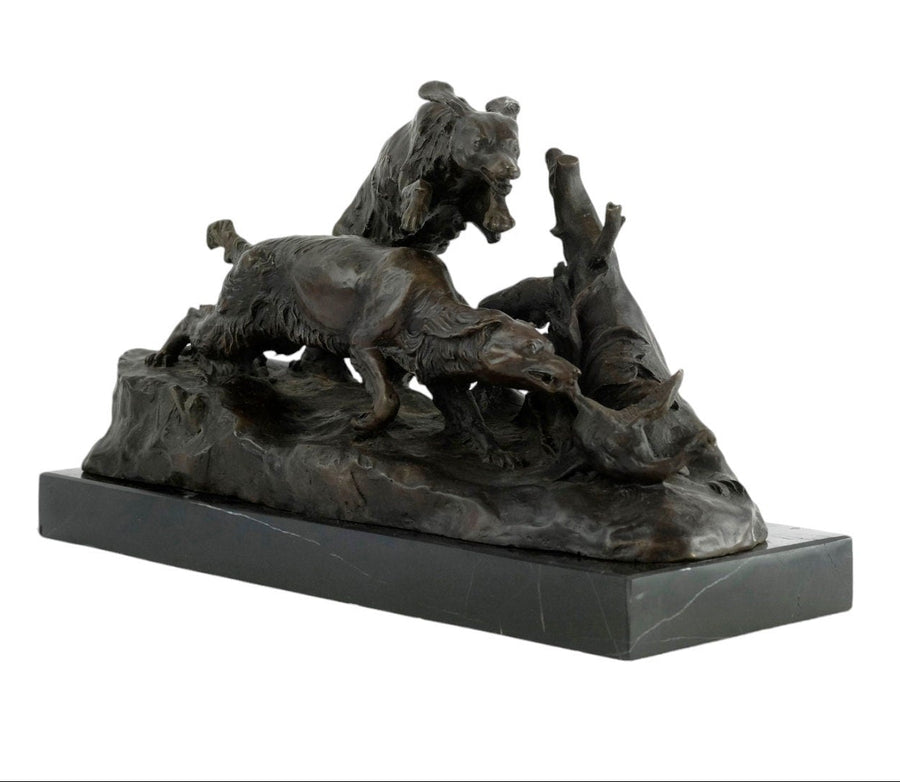 Bronze sculpture of hunting hounds chasing a duck, detailed artwork on dark marble base, by Pierre-Jules Mène.