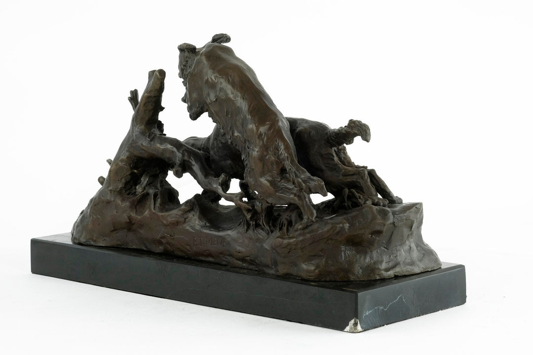 Bronze sculpture of hunting hounds chasing a duck, detailed craftsmanship on dark marble base, 21x39cm.