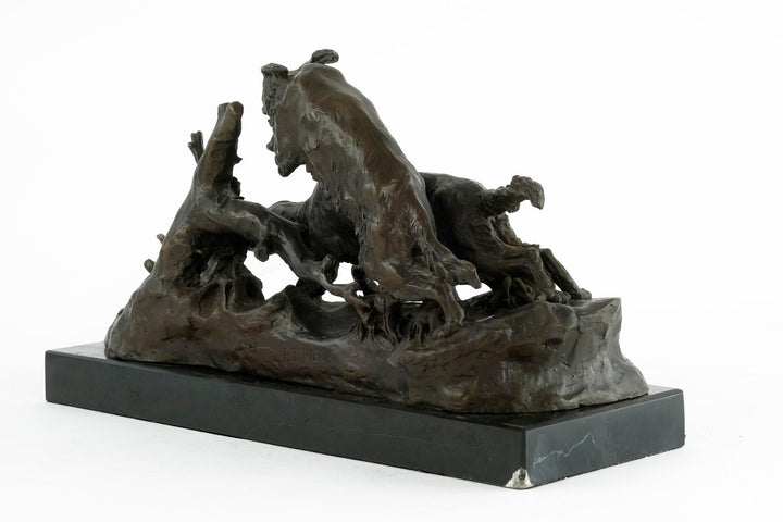 Bronze sculpture of hunting hounds chasing a duck, detailed craftsmanship on dark marble base, 21x39cm.