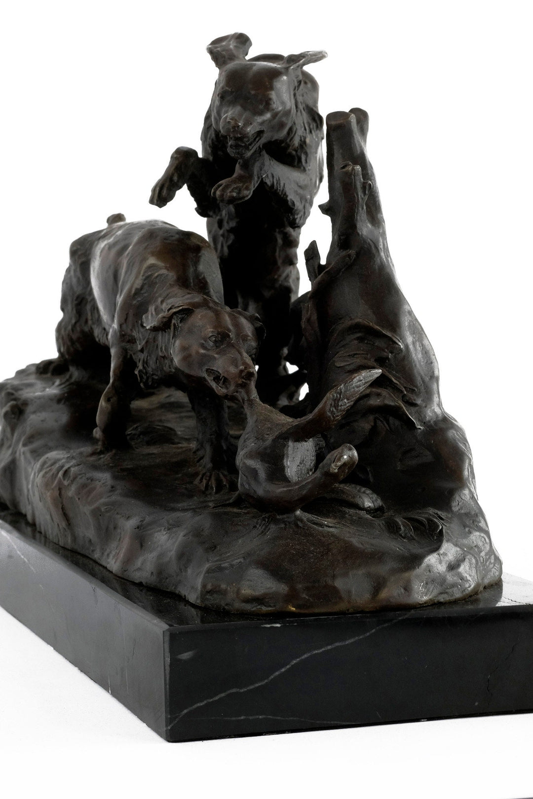 Bronze sculpture of hunting hounds chasing a duck, mounted on a dark marble base, by sculptor Pierre-Jules Mène.