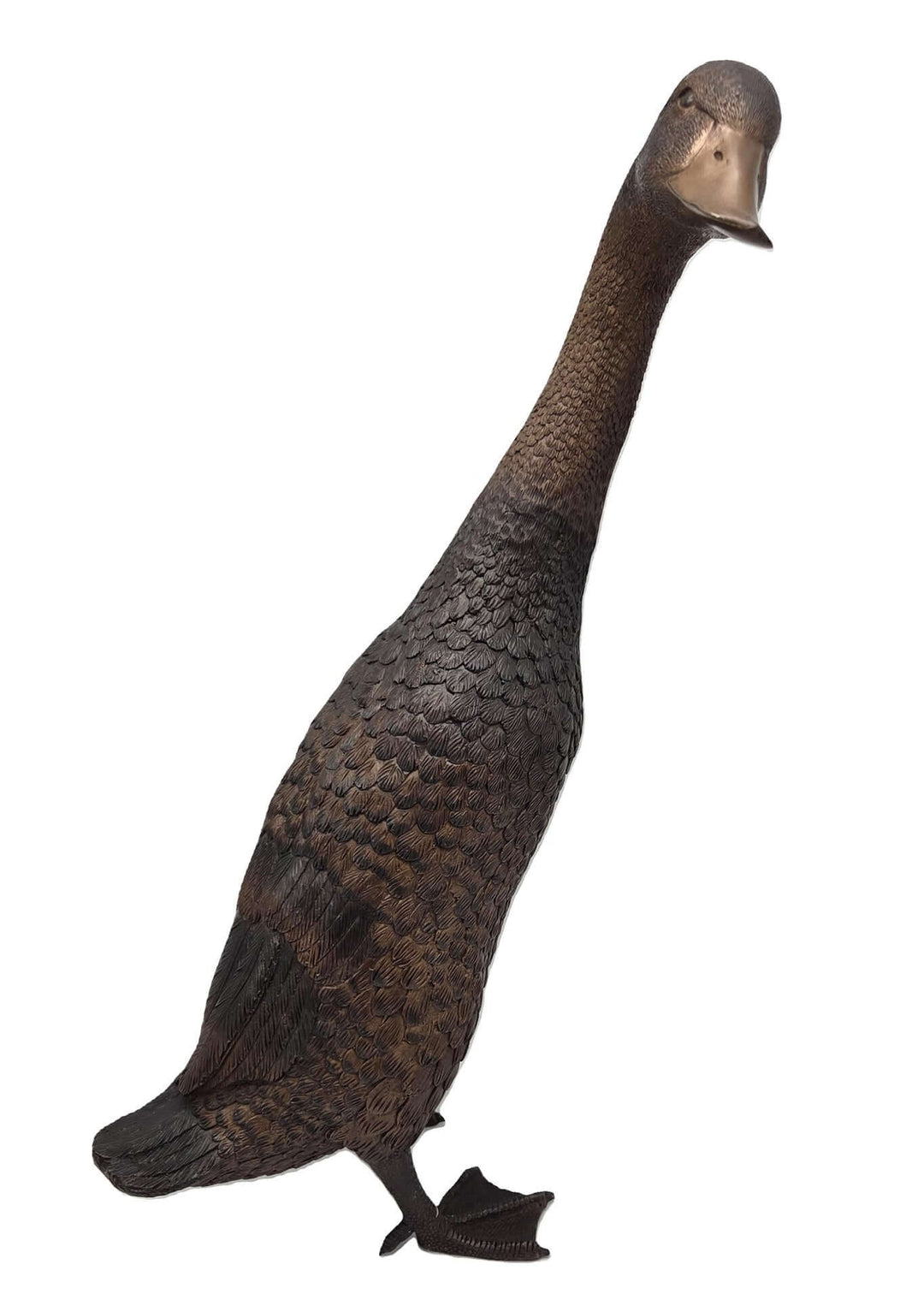 Bronze Indian Runner duck sculpture showcasing unique upright stance, ideal for garden or outdoor display.