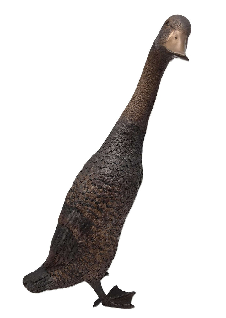 Bronze Indian Runner duck sculpture showcasing unique upright stance, ideal for garden or outdoor display.