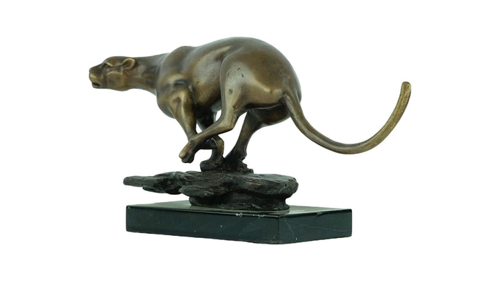 Bronze sculpture of a jaguar running on a marble base, showcasing detailed animal art design and powerful appearance.