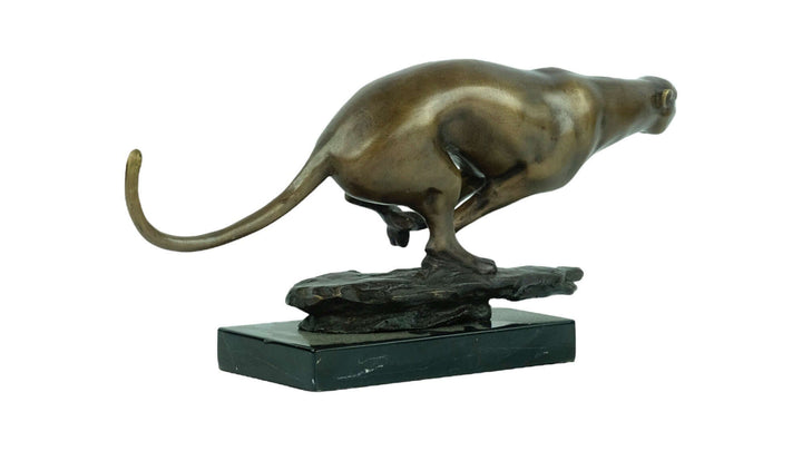 Bronze jaguar sculpture running on a marble base, showcasing true-to-nature design and powerful motion.