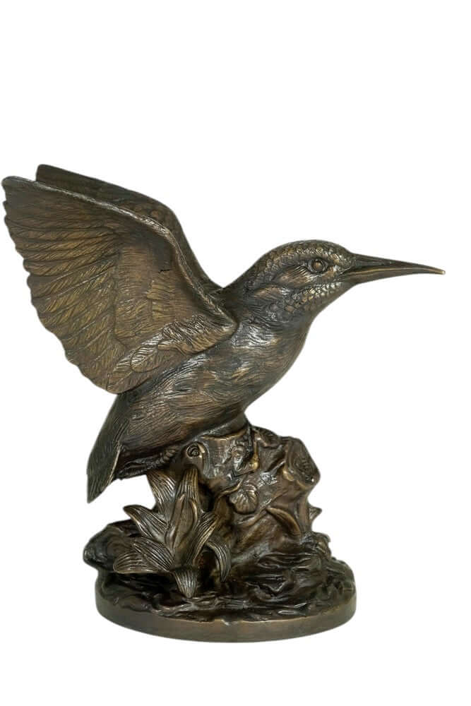 Bronze kingfisher sculpture with wings spread, detailed floral base, warm patina, 18 cm height, decorative art piece.