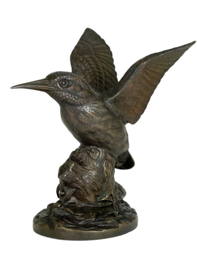 Detailed bronze sculpture of a kingfisher with wings spread, perched on a floral tree trunk, 18 cm tall.