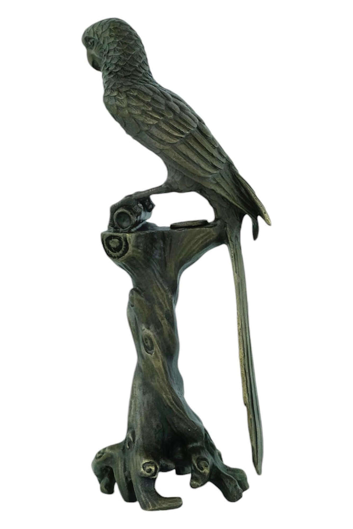 Bronze macaw sculpture on tree trunk, detailed design, warm brown patina, height 18 cm, by artist Nick.