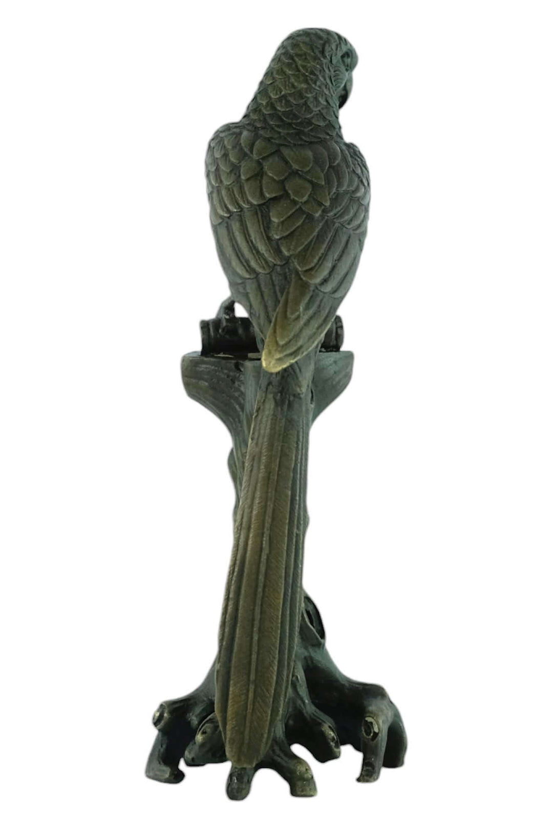 Bronze sculpture of a macaw on a tree trunk, detailed design and warm brown patina, 18 cm tall.