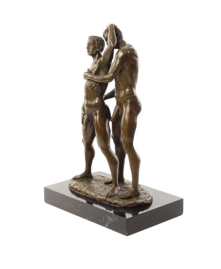 Bronze sculpture of intimate male couple on marble base, dimensions 33x14x22 cm, weight 5.4 kg, elegant art piece.