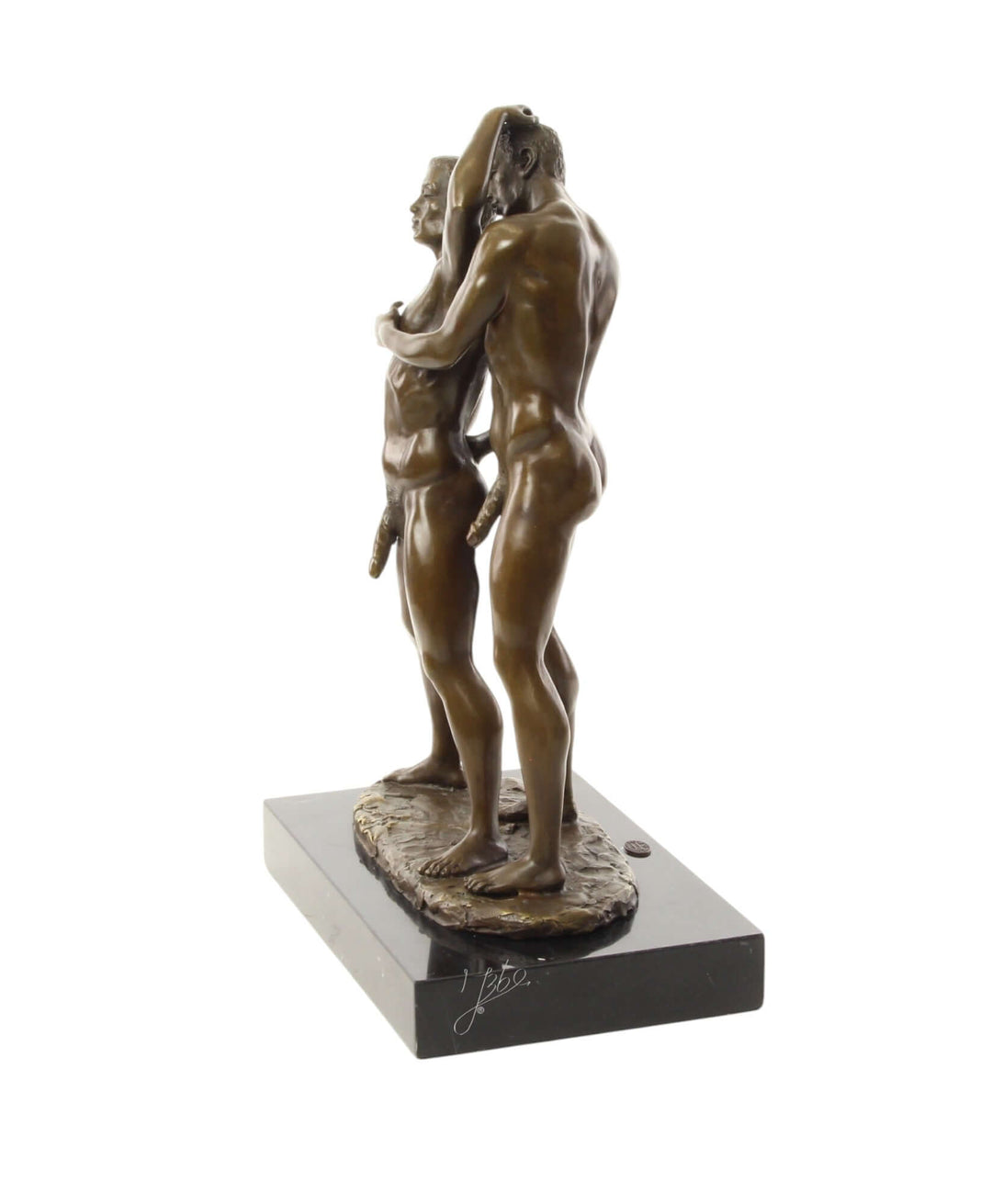Bronze sculpture of two intimate male figures, crafted with quality bronze, mounted on a sleek marble base.