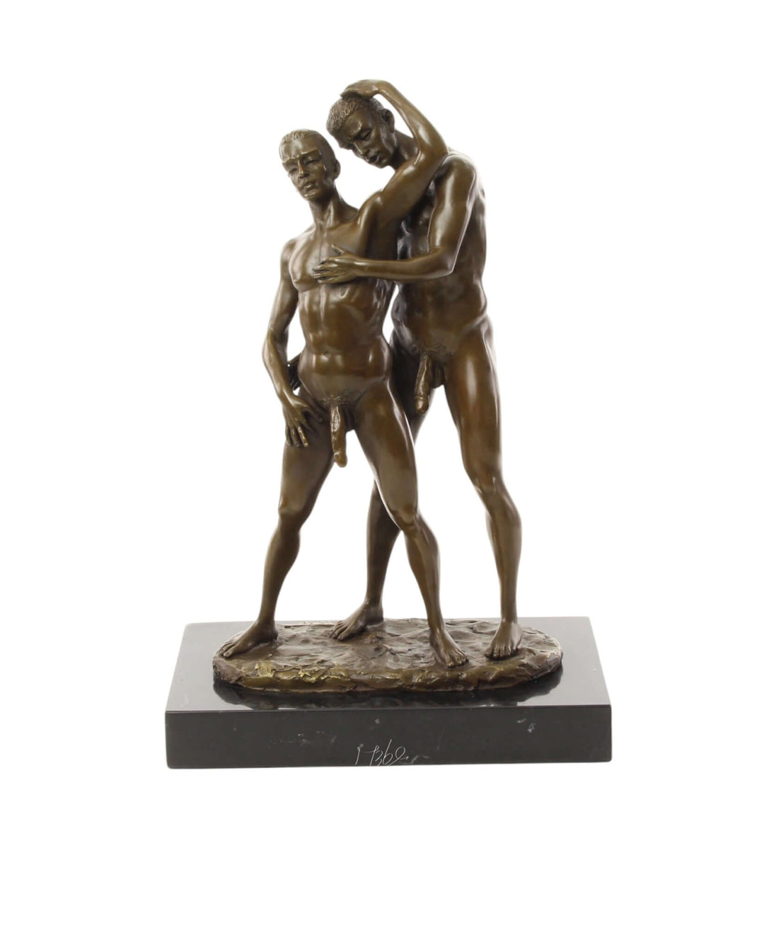 Bronze sculpture of a male couple in intimacy, 33 x 14 x 22 cm on marble base, celebrating love and connection.