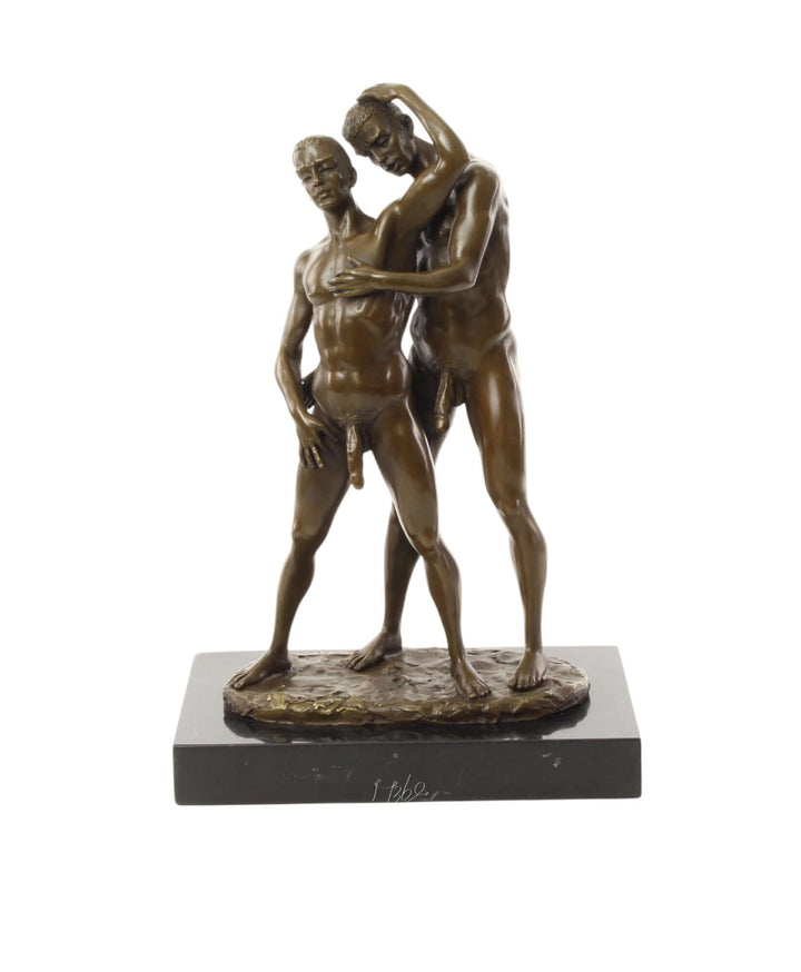 Bronze sculpture of a male couple in intimacy, 33 x 14 x 22 cm on marble base, celebrating love and connection.