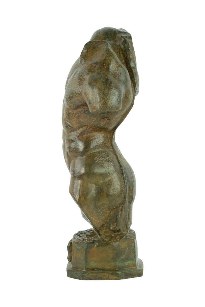 Bronze sculpture of male torso by Pierre Chenet, showcasing ancient style and authentic patina, 38 x 16 cm.