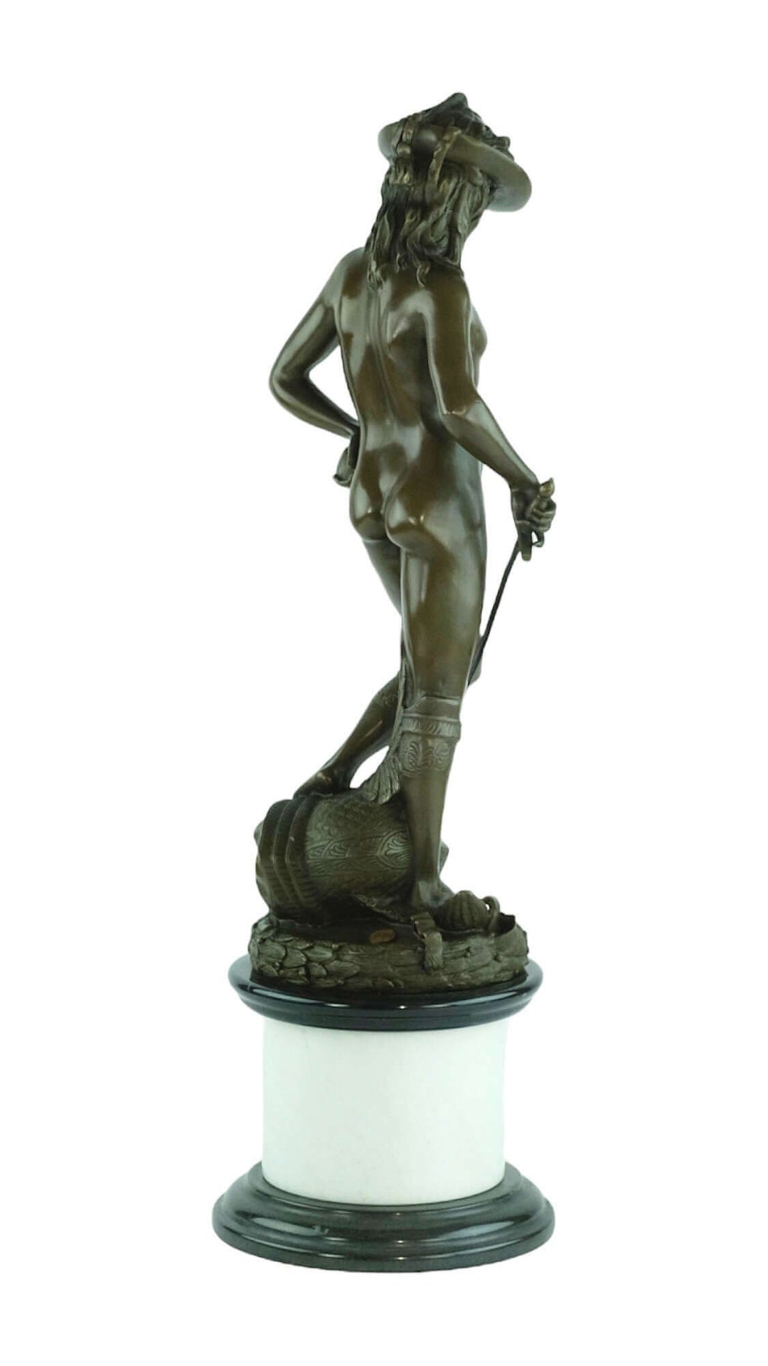 Bronze sculpture of a nude figure with a sword, gracefully posed on a decorative base. Art piece in fine detail.